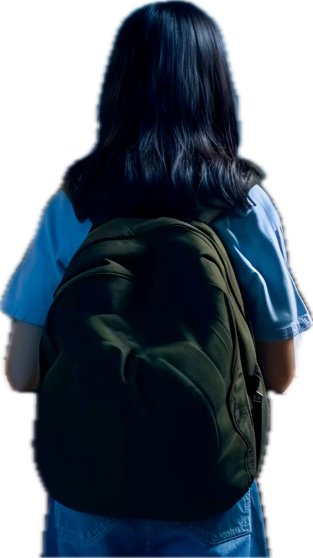 A girl with a backpack, seen from behind, facing the wall of the 12 career worlds.